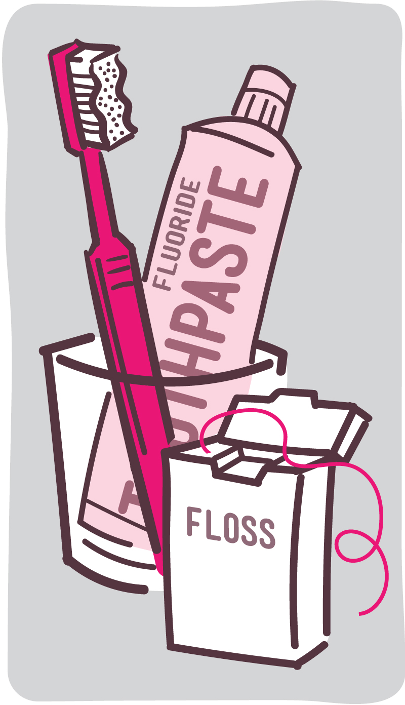 Illustration of toothpaste, toothbrush, and dental floss Illustration of toothpaste, toothbrush, and dental floss.