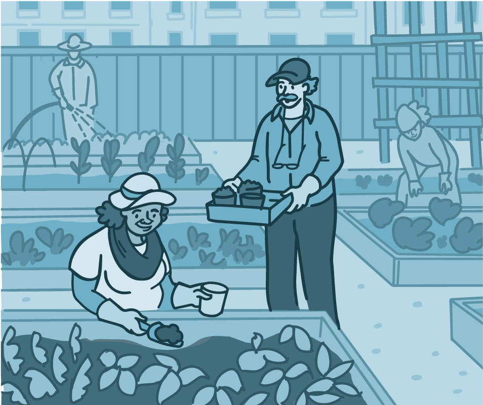 Illustration of people collecting soil in a community garden Illustration of people collecting soil in a community garden.